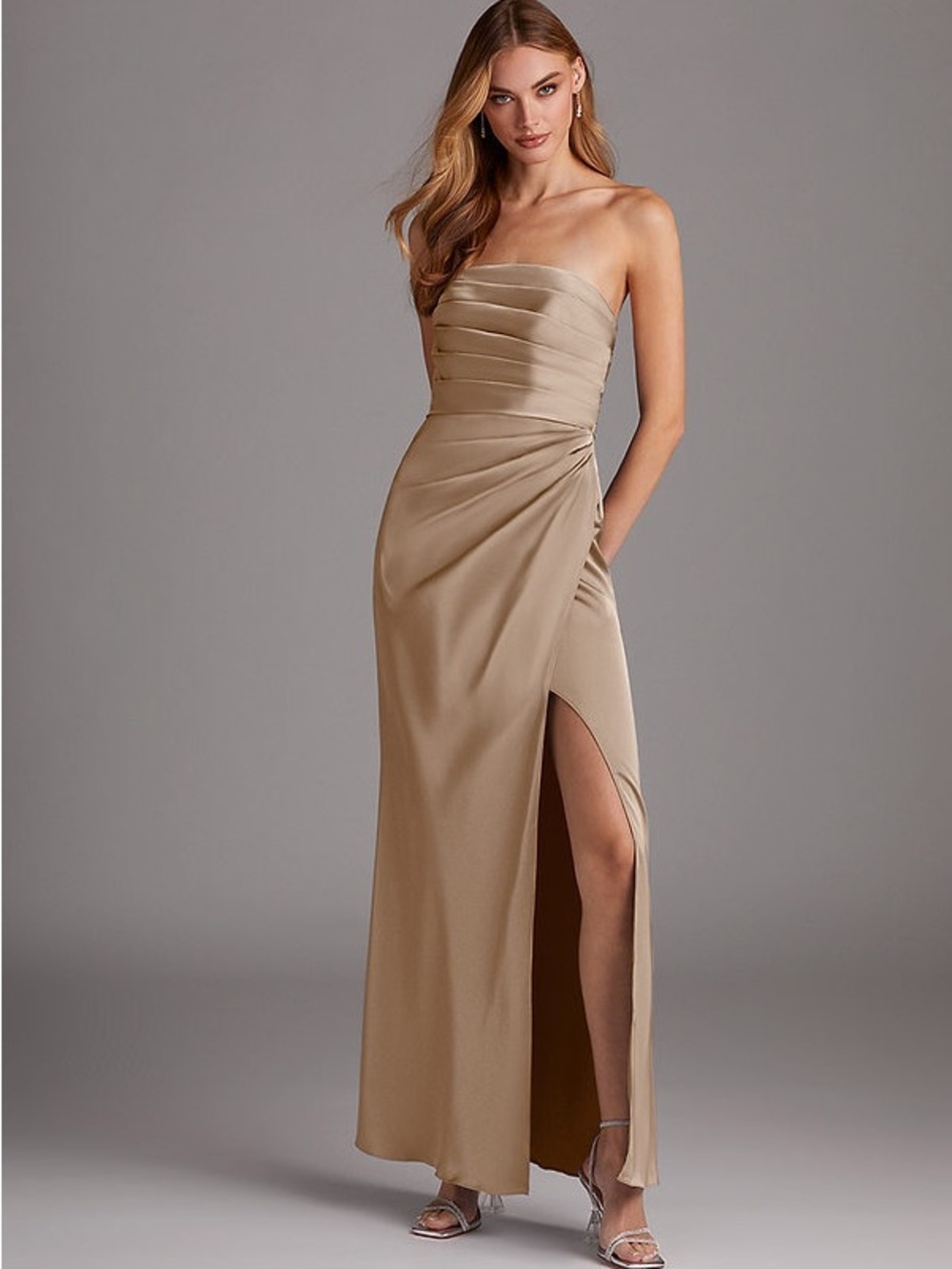Azazie Strapless Taupe Evening Gown with Side Slit